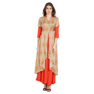 Beige and multi color soft silk and Rayon kurti with foral Printed work