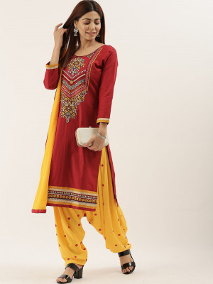 Maroon & yellow color cotton dress material