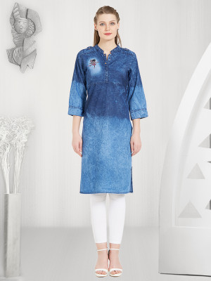 Blue color cotton denim kurti with embroidery patch