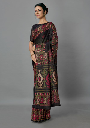 Black color jute silk saree with printed work