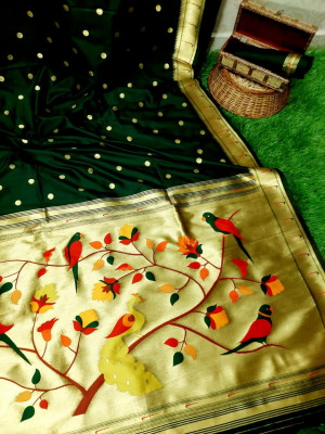 Green color banarasi soft silk paithani saree with zari border & exclusive zari pallu