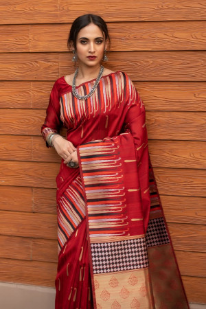 Red color pure tussar silk saree with ikkat woven border