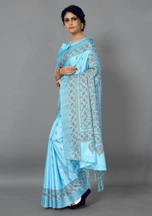 Sky blue color manipuri silk saree with printed