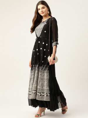 Beautiful black and white color embroidery sequins work georgette kurti