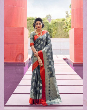 Gray color soft silk saree with weaving work