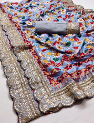 Light blue color pure kumari silk saree with digital printed work