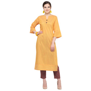 Yellow color cotton silk kurti with wood button