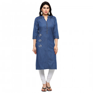 Blue color cotton denim kurti with ribbed in patch work
