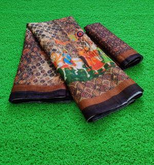 Multi color linen saree with printad work