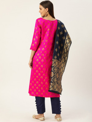 Pink and navy blue color zari woven silk blend dress material