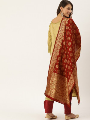 Beige and maroon color silk blend dress material with zari woven work