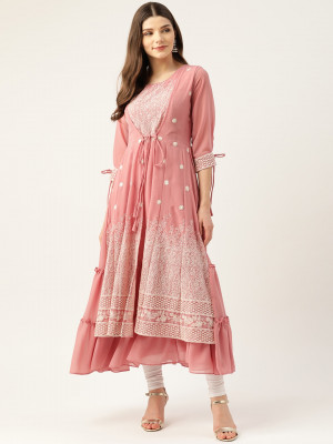 Beautiful peach and white color embroidery sequins work georgette kurti