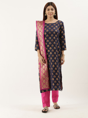 Navy blue and pink color zari woven dress material