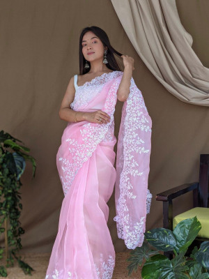 Baby pink color organza saree with threads & sequence work