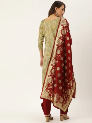 Beige & maroon color zari weaving jacquard dress material