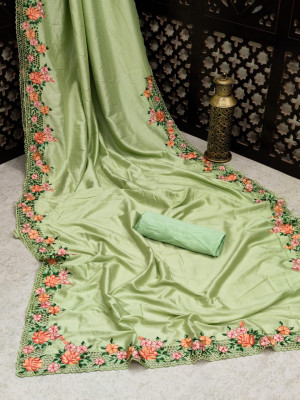 Pista green color malai silk saree with embroidery work