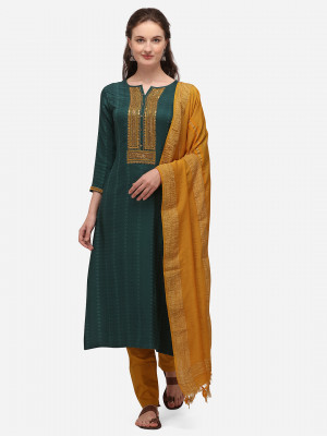 Green color embroidery work cotton blend dress material