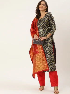 Navy blue and red color zari weaving dress material