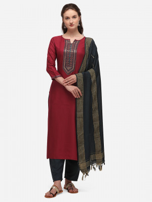 Maroon color embroidery work cotton dress material