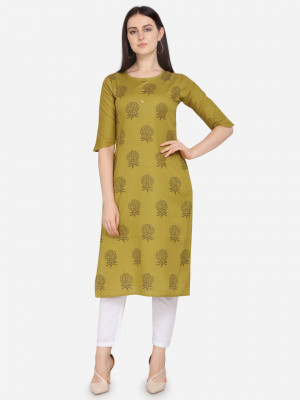 Mustard yellow color cotton blend kurti with foil print