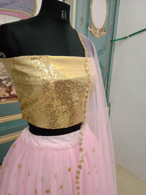 Baby pink color net lehenga with embroidery sequence work