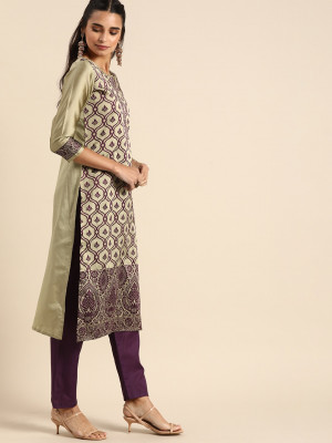 Beige & purple color zari woven silk blend dress material