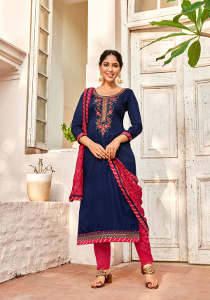 Blue and red color cotton dress material with embroidery work