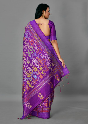 Purple color manipuri silk saree with printed and weaving work