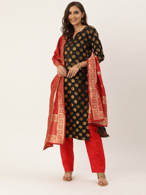 Black & red color jacquard Weaving dress material