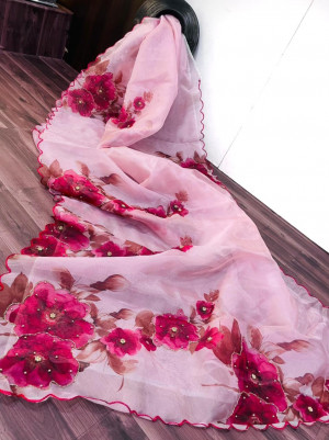 Pink color organza saree with digital print & handwork