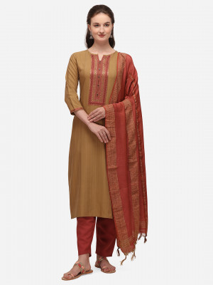Beige color cotton blend embroidery work dress material