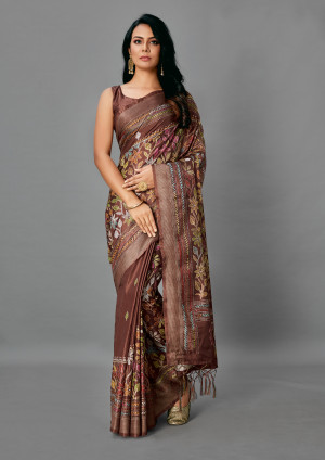 Coffee color manipuri silk saree with printed and weaving work