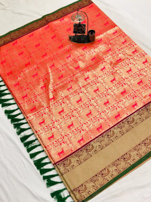 Pink color Kanjivaram silk jacquard saree with golden zari weaving work