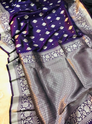 Purple color soft kanchipuram silk saree with silver zari weaving work