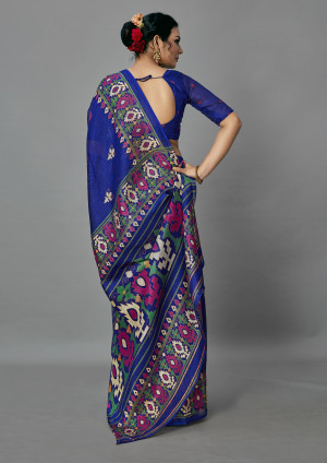 Blue color jute silk saree with printed work