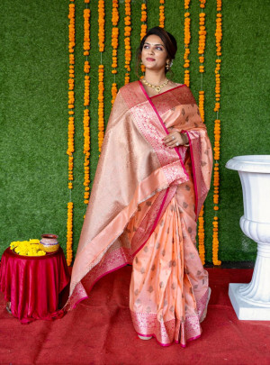 Peach color soft linen silk saree with weaving work