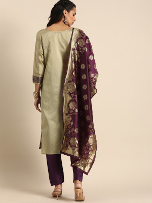 Beige & purple color zari woven silk blend dress material