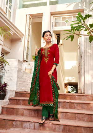 Red and green color cotton satin dress material