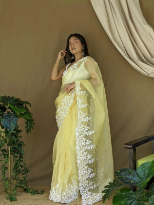 Yellow color organza saree with threads & sequence work
