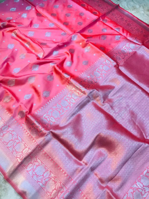 Peach color soft kanchipuram silk saree with silver zari weaving work