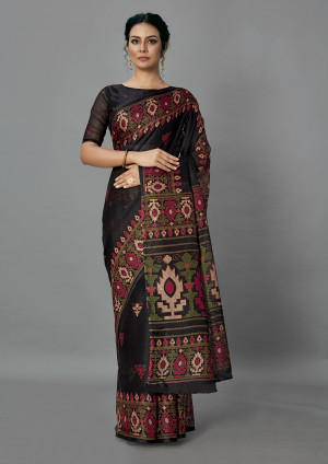 Black color jute silk saree with printed work