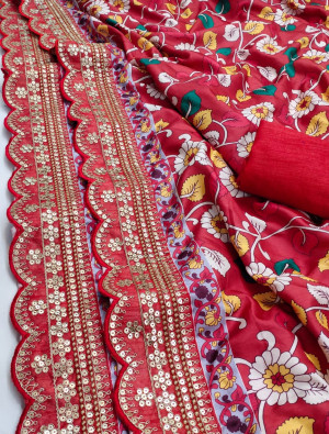 Red color pure kumari silk saree with digital printed work