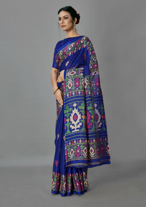 Blue color jute silk saree with printed work
