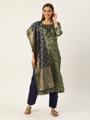 Green and blue color silk blend dress material