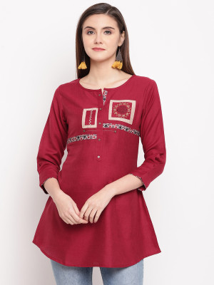 Maroon color rayon kurti with embroidery printed work