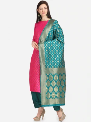 Pink & sea green color unstitched weaving dress material