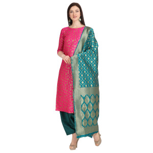 Pink and green color unstitched jacquard weaving dress material