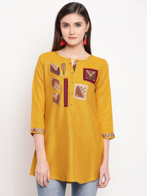 Mustard yellow color rayon kurti with embroidery and printed work