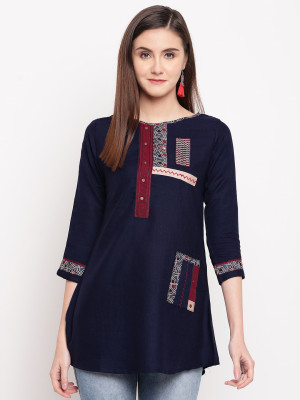 Navy blue color rayon kurti with embroidery and printed work