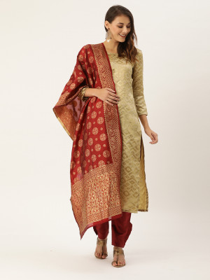 Beige and maroon color zari woven silk blend dress material